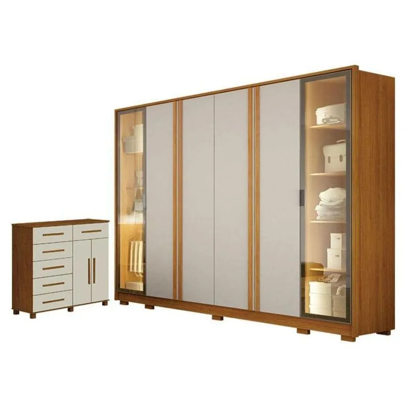 Guarda Roupa Casal Prime 6 Portas Com Led Com Cômoda São Paulo 6 Gavetas 2 Portas Cinamomo Off White - Leifer