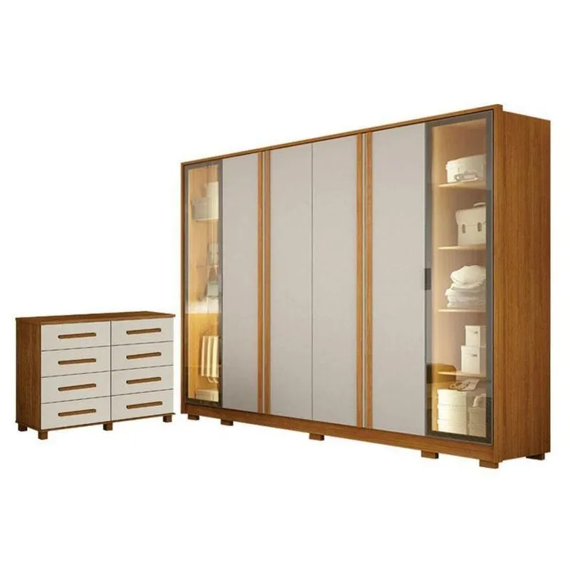 Guarda Roupa Casal Prime 6 Portas Com Led Com Cômoda San Marino 8 Gavetas Cinamomo Off White - Leifer
