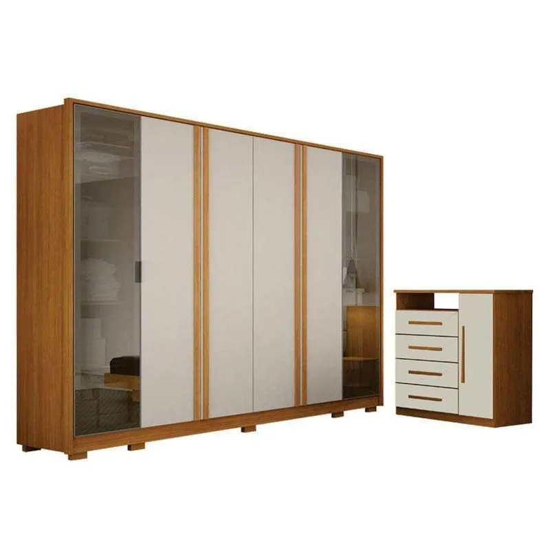 Guarda Roupa Casal Prime 6 Portas Com Cômoda Diamante 4 Gavetas 1 Porta Cinamomo Off White - Leifer