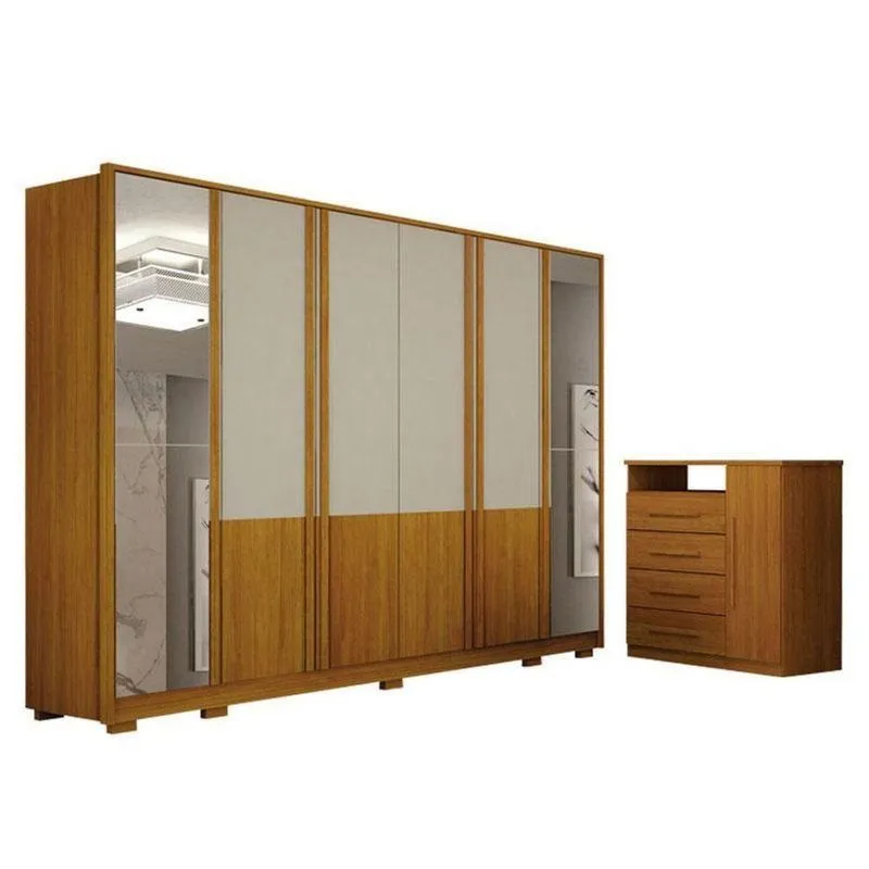 Guarda Roupa Casal Urban 6 Portas Com Espelho Off White Com Cômoda Diamante 4 Gavetas 1 Porta Cinamomo - Leifer