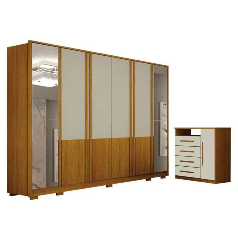 Guarda Roupa Casal Urban 6 Portas Com Espelho Com Cômoda Diamante 4 Gavetas 1 Porta Cinamomo Off White - Leifer