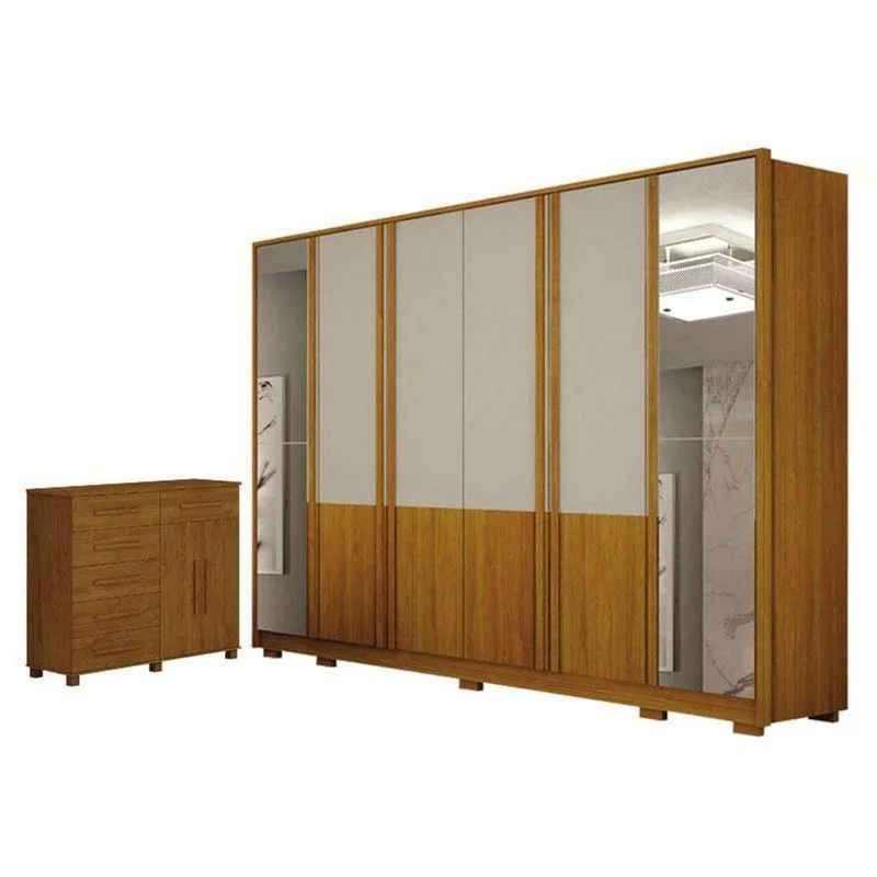 Guarda Roupa Casal Urban 6 Portas Com Espelho Off White Com Cômoda São Paulo 6 Gavetas 2 Portas Cinamomo - Leifer