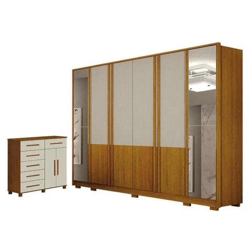 Guarda Roupa Casal Urban 6 Portas Com Espelho Com Cômoda São Paulo 6 Gavetas 2 Portas Cinamomo Off White - Leifer