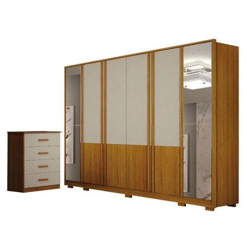 Guarda Roupa Casal Urban 6 Portas Com Espelho Com Cômoda Rubi 4 Gavetas Cinamomo Off White - Leifer