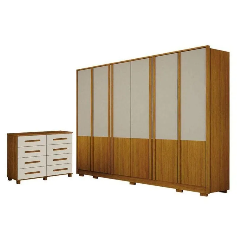 Guarda Roupa Casal Urban 6 Portas Com Cômoda San Marino 8 Gavetas Cinamomo Off White - Leifer