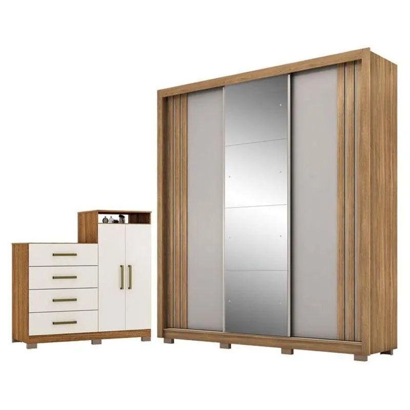 Guarda Roupa Casal Moema Amêndola Nude Flex Com Espelho E Pés E Cômoda Sapateira Aurea Com Pés Amêndola Touch - Demóbile
