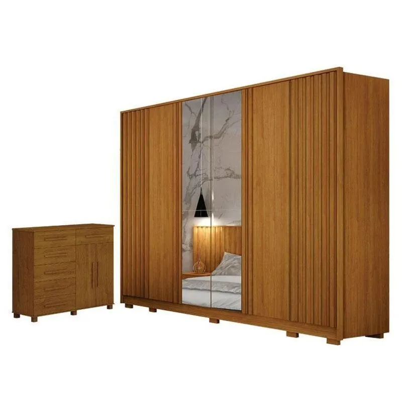 Guarda Roupa Casal Evo 6 Portas Com Espelho Cinamomo Com Cômoda São Paulo 6 Gavetas 2 Portas Cinamomo - Leifer