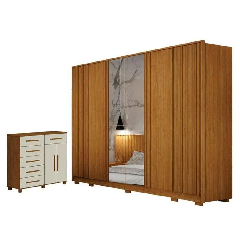 Guarda Roupa Casal Evo 6 Portas Com Espelho Cinamomo Com Cômoda São Paulo 6 Gavetas 2 Portas Cinamomo Off-white - Leifer