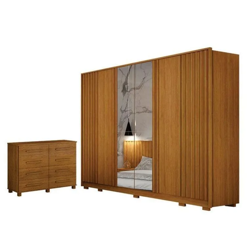 Guarda Roupa Casal Evo 6 Portas Com Espelho Cinamomo Com Cômoda San Marino 8 Gavetas Cinamomo Leifer