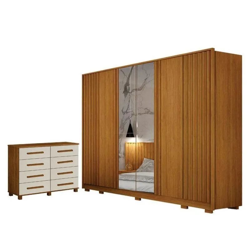 Guarda Roupa Casal Evo 6 Portas Com Espelho Cinamomo Com Cômoda San Marino 8 Gavetas Cinamomo Off-white - Leifer