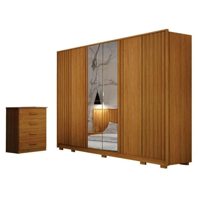 Guarda Roupa Casal Evo 6 Portas Com Espelho Cinamomo Com Cômoda Rubi 4 Gavetas Cinamomo - Leifer