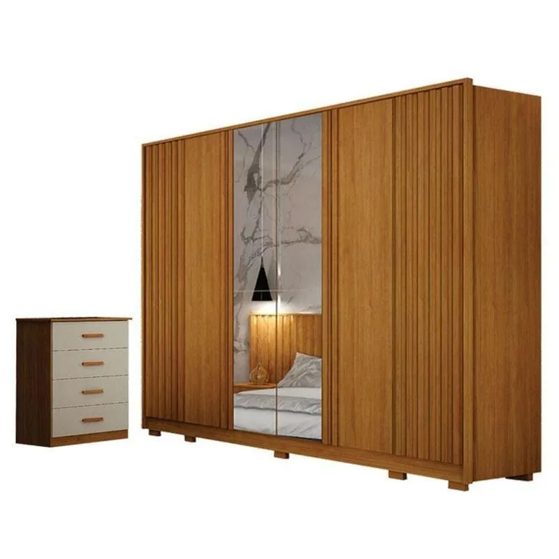 Guarda Roupa Casal Evo 6 Portas Com Espelho Cinamomo Com Cômoda Rubi 4 Gavetas Cinamomo Off-white - Leifer