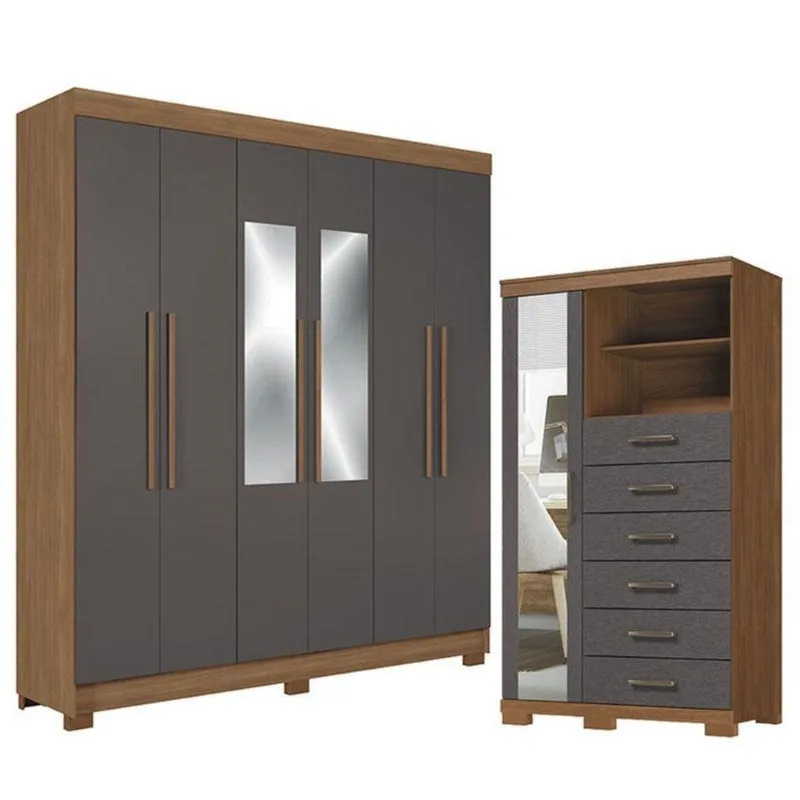 Guarda Roupa Casal Toledo 6 Portas com Espelho e Cômoda Marabá MDP 194,4cm Grafite Santos Andirá