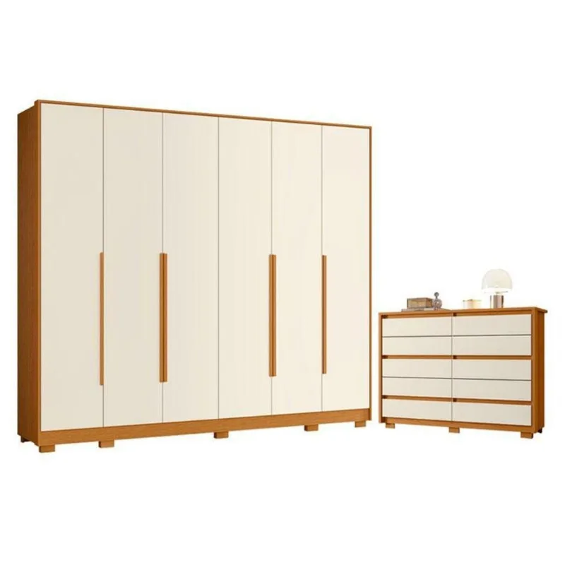 Guarda Roupa Casal Mercure 6 Portas e Cômoda Duetto 10 Gavetas MDP Cinamomo Off White