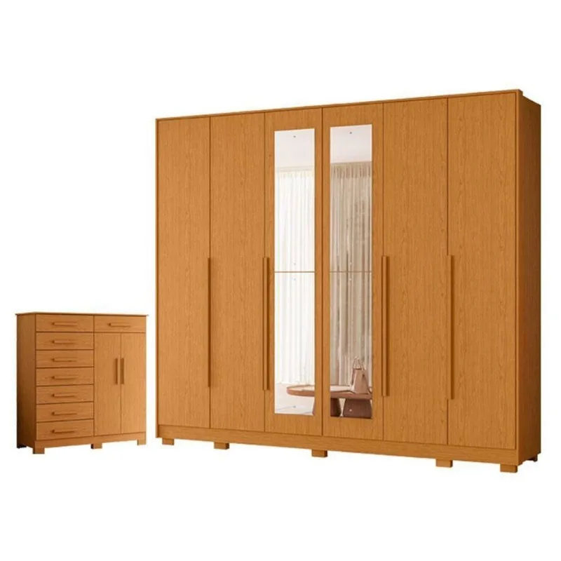 Guarda Roupa Casal Mercure 6 Portas de Bater e Cômoda Verona 8 Gavetas MDP Cinamomo