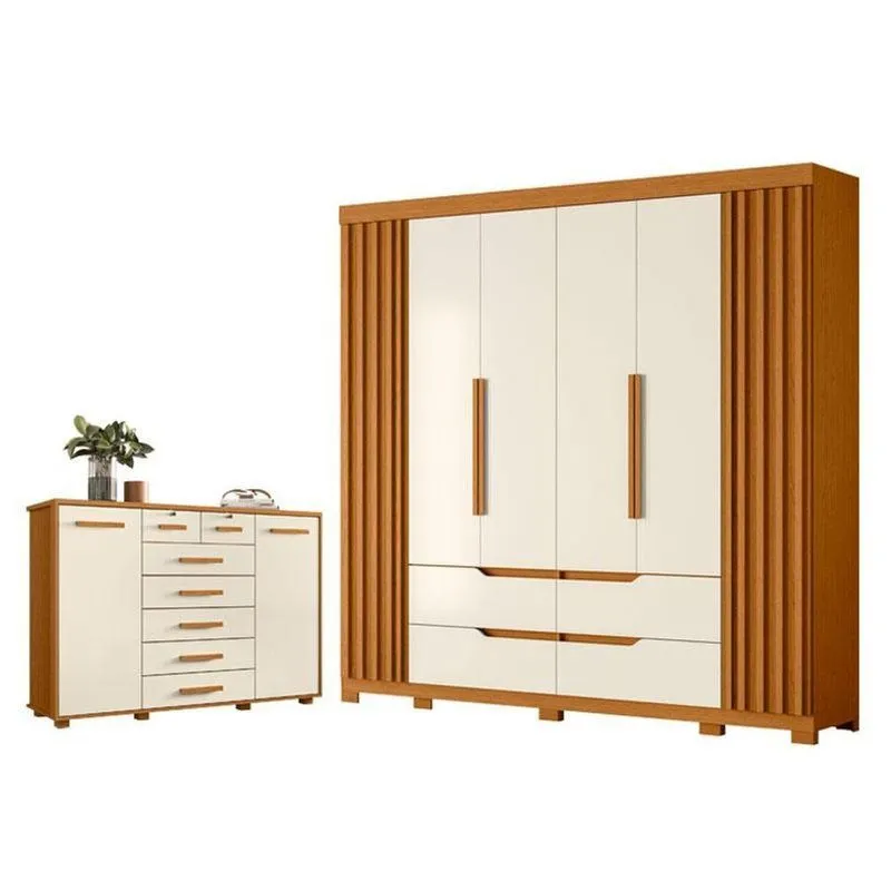 Kit Guarda Roupa Casal Doble 6 Portas E Cômoda Fontana 7 Gavetas Cinamomo Off White