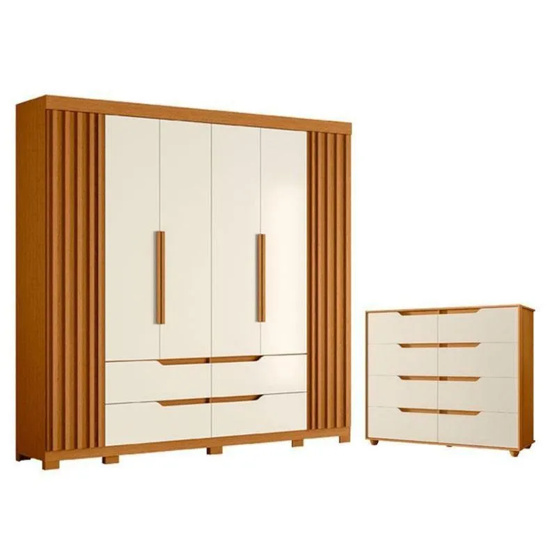 Kit Guarda Roupa 6 Portas Cômoda 8 Gavetas MDP Off White Albatroz Móveis
