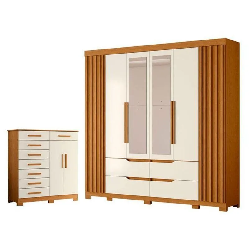 Kit Guarda Roupa Casal Doble 6 Portas Com Espelho E Cômoda Verona 8 Gavetas Cinamomo Off White