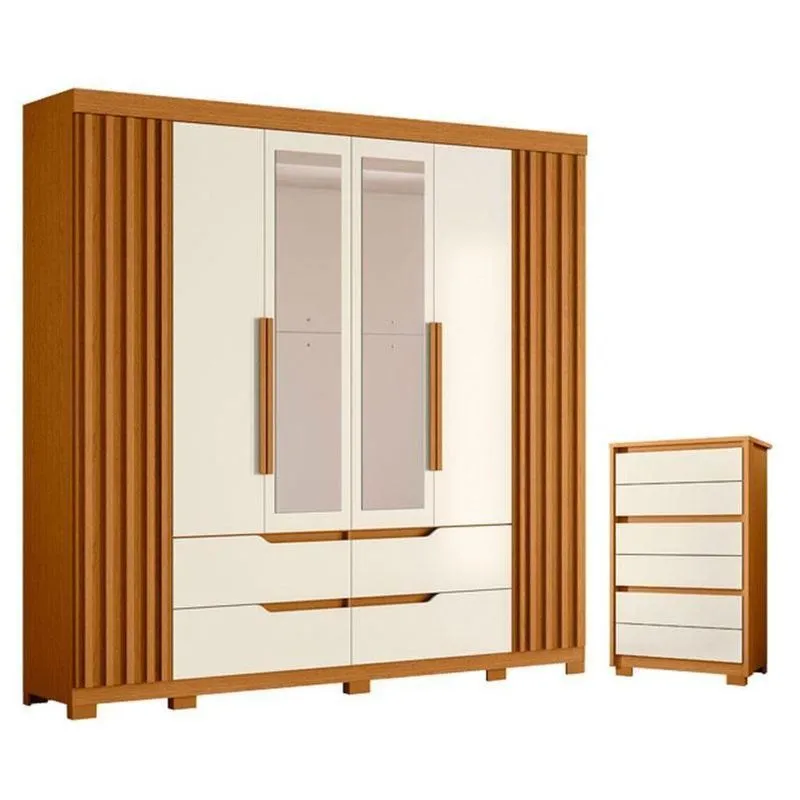 Kit Guarda Roupa Casal Doble Unno 6 Portas Com Espelho E Cômoda Mdp Cinamomo Off White