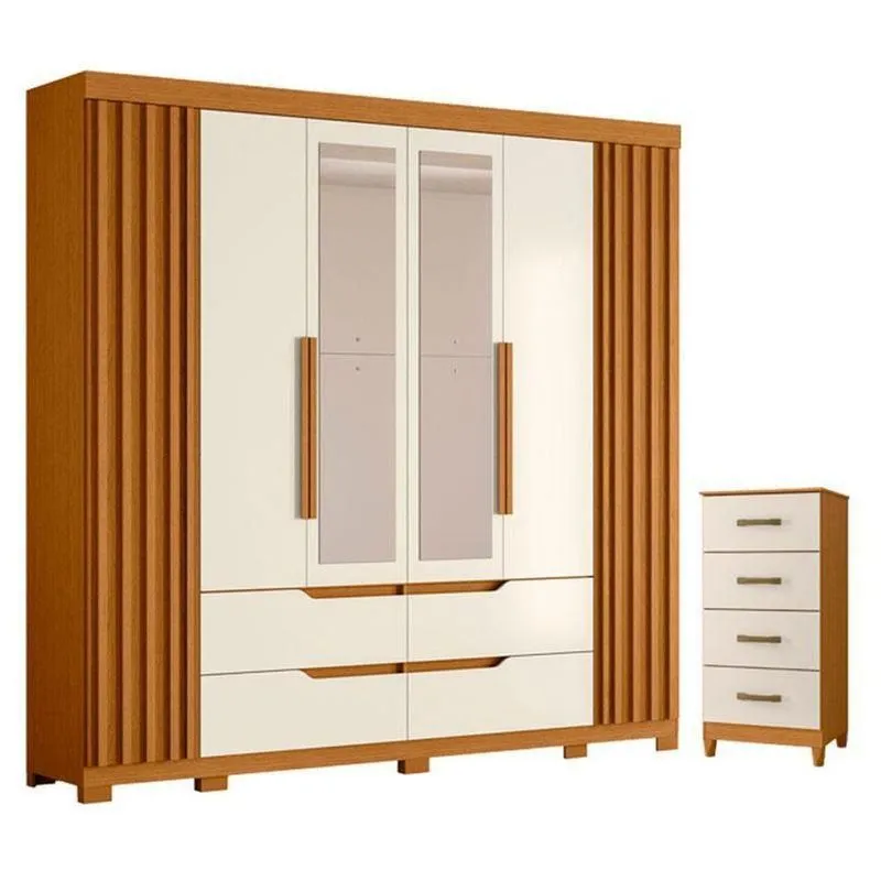 Kit Guarda Roupa Casal Doble 6 Portas De Bater E Cômoda Mobi 4 Gavetas Mdp Cinamomo Off White