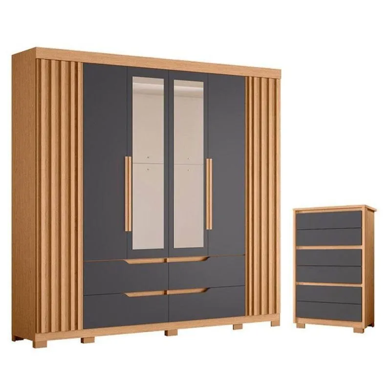 Guarda Roupa Casal Com Cômoda Doble Unno 6 Portas De Bater 10 Gavetas Freijo Titanium