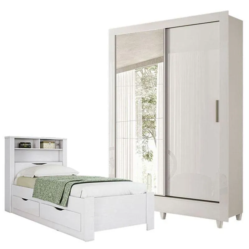 Guarda Roupa Solteiro Bélgica 2 Portas De Correr 2 Gavetas Mdp Com Espelho E Cama Invicta Branco