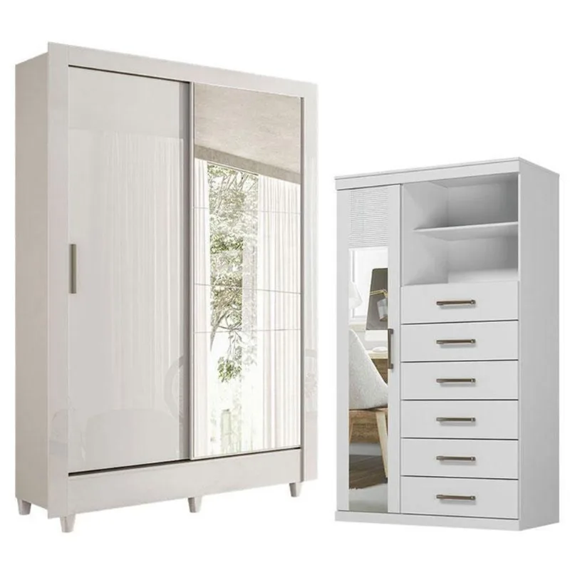 Guarda Roupa Casal Bélgica 2 Portas de Correr 2 Gavetas MDP com Espelho e Cômoda Marabá Branco