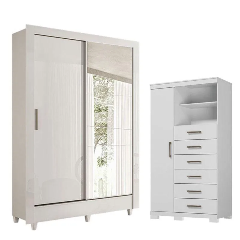 Guarda Roupa com Cômoda Solteiro e Closet Bélgica-Marabá 2 Portas de Correr 2 Gavetas MDP Branco