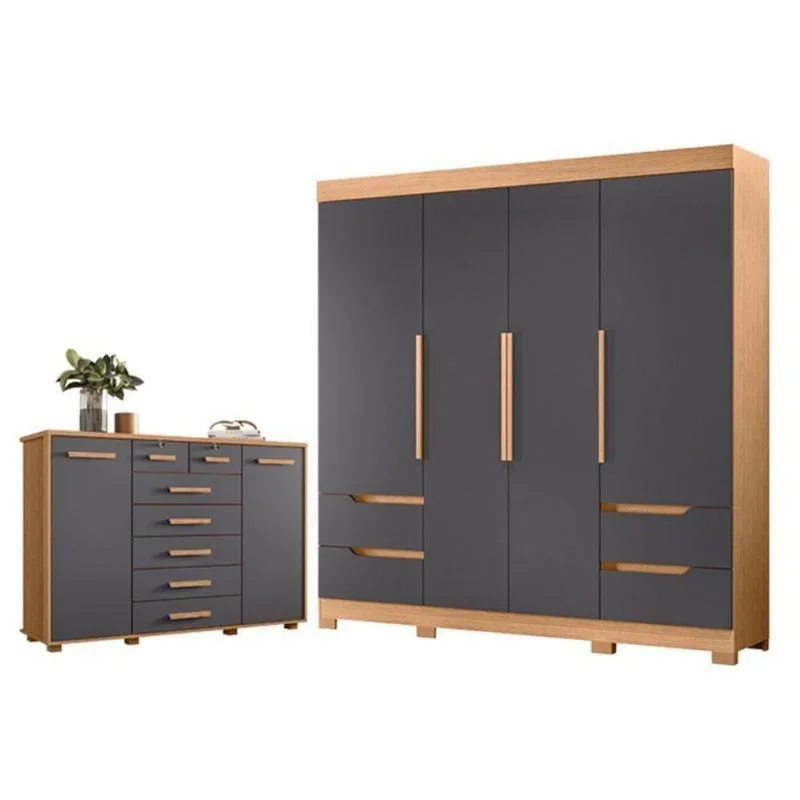 Guarda Roupa Solteiro Vivacce 4 Portas de Bater 7 Gavetas MDP Freijo Titanium Albatroz Móveis 120CM