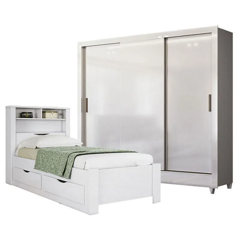 Guarda Roupa Casal Com Cama Solteiro Itália 3 Portas De Correr 2 Gavetas Branco Brilho Santos Andirá