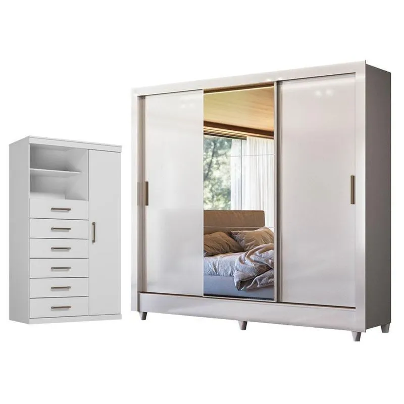 Guarda Roupa Casal Itália 3 Portas De Correr Com Espelho E Cômoda Marabá 2 Gavetas Branco Brilho