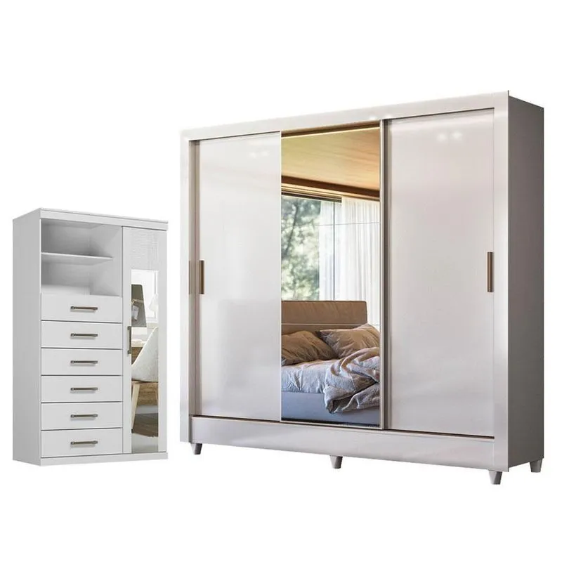 Guarda Roupa Casal Itália 3 Portas Correr 2 Gavetas Com Espelho E Cômoda Marabá Branco Brilho Santos