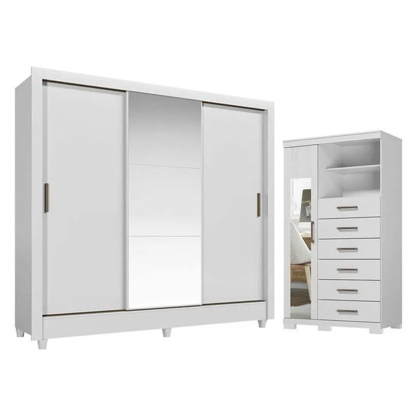 Guarda Roupa Casal Itália 3 Portas Correr Com Espelho E Cômoda Marabá Com Pés Mdf Mdp Branco Brilho
