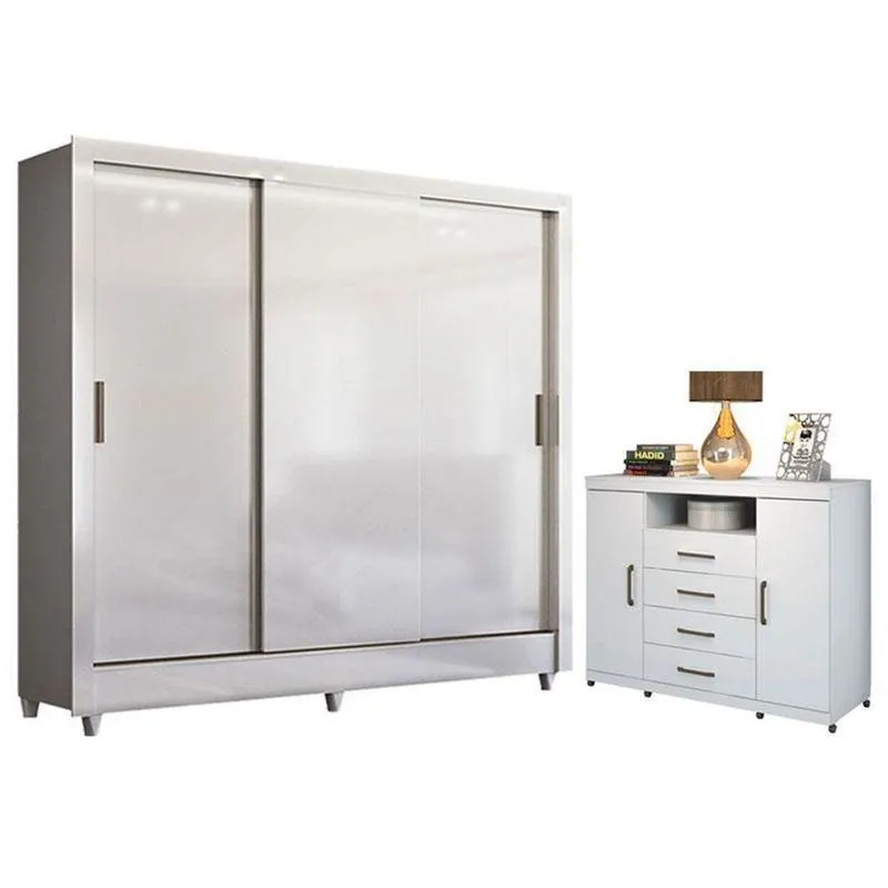 Guarda Roupa Casal Itália 3 Portas De Correr 2 Gavetas Com Cômoda Havana Master Branco Brilho Santos