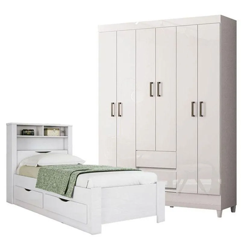 Guarda Roupa Casal Fit 6 Portas De Bater 2 Gavetas Mdp Com Pés E Cama Solteiro Branco Brilho Santos