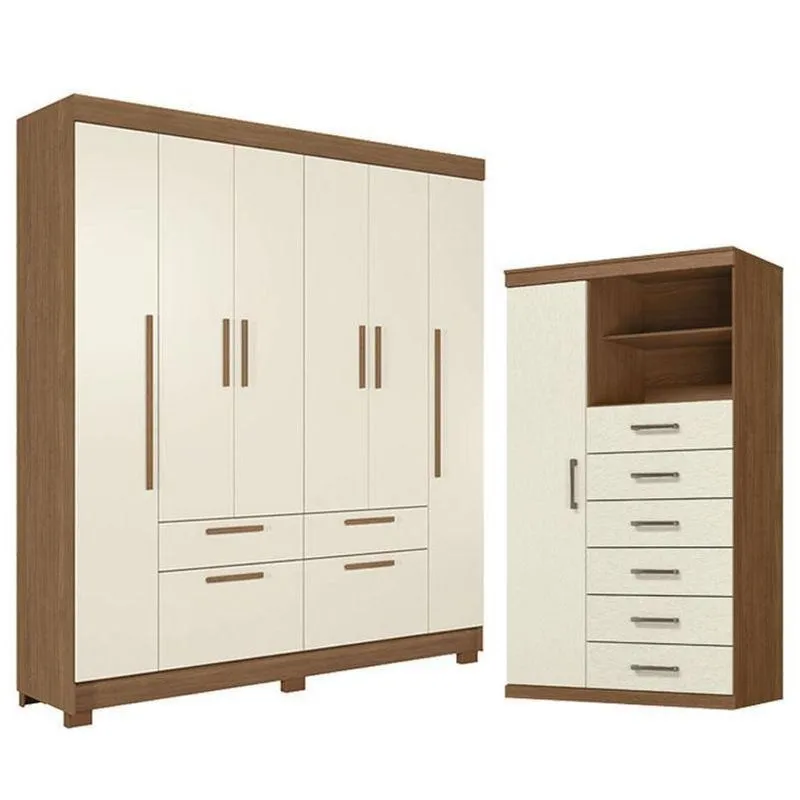 Guarda Roupa Casal Guarapuava 6 Portas 6 Gavetas Mdp 180cm Café E Cômoda Marabá - Santos Andirá