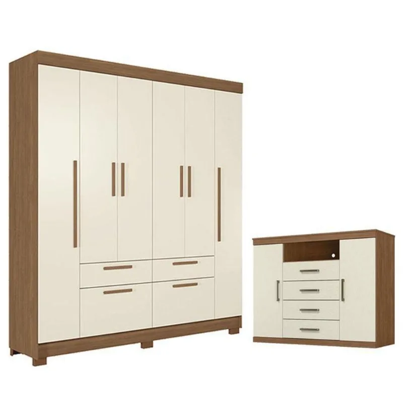 Guarda Roupa Casal Guarapuava 6 Portas de Bater 4 Gavetas MDP Jatobá Areia Acetinado com Cômoda