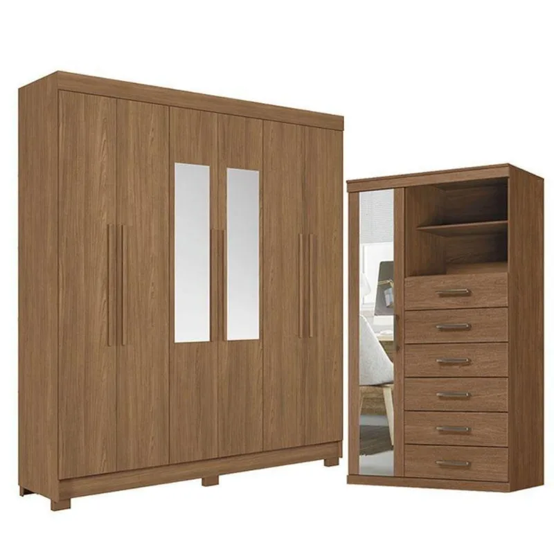 Guarda Roupa Casal com Cômoda Toledo 6 Portas de Bater 6 Gavetas MDP Jatobá Santos Andirá 180CM