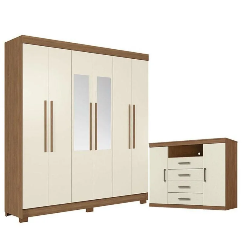 Guarda Roupa Casal com Cômoda Toledo 6 Portas de Bater 2 Gavetas MDP Jatobá Areia Acetinado Santos