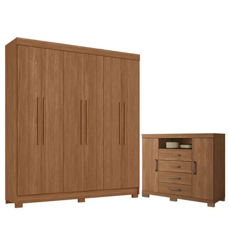 Guarda Roupa Casal Toledo 6 Portas de Bater 2 Gavetas MDP Cômoda Havana Master Jatobá Acetinado