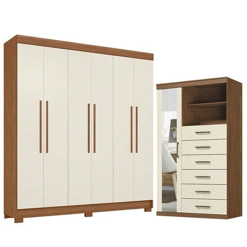 Guarda Roupa Casal Toledo 6 Portas MDF MDP Jatobá Areia Acetinado Cômoda 6 Gavetas Com Espelho