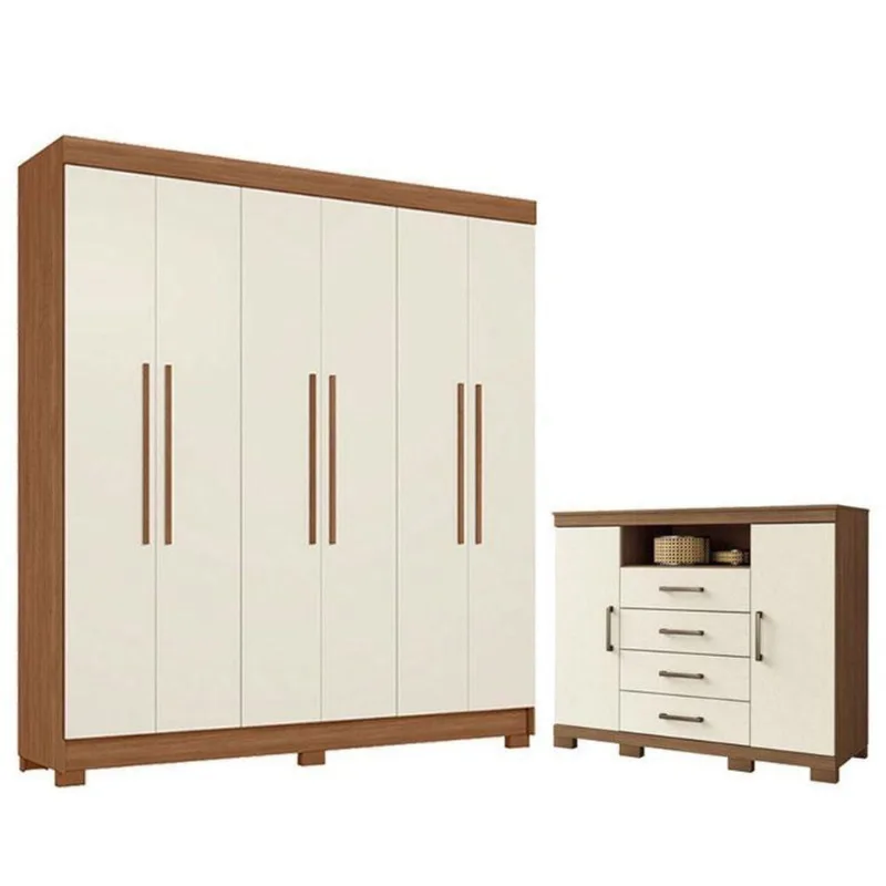 Guarda Roupa Casal 6 Portas Toledo e Cômoda Havana Master 2 Gavetas MDP Jatobá Areia Acetinado