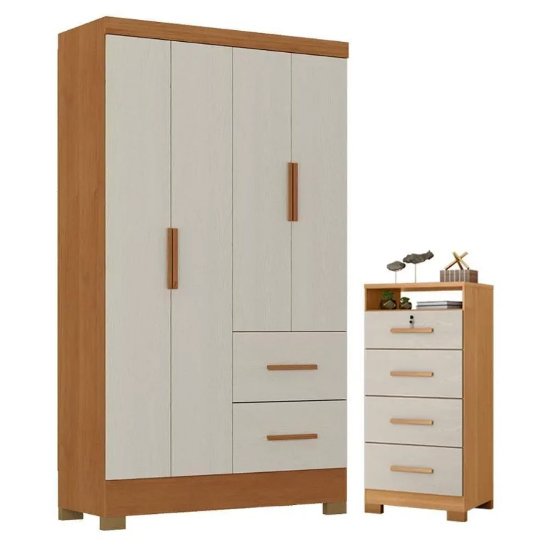 Guarda Roupa Solteiro Primordial Max 4 Portas de Bater 2 Gavetas MDP Cinamomo Areia Fosco Zanzini