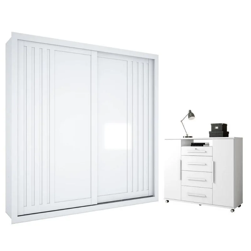 Guarda Roupa Casal Versalles 2 Portas de Correr 6 Gavetas MDP Branco Zanzini Móveis