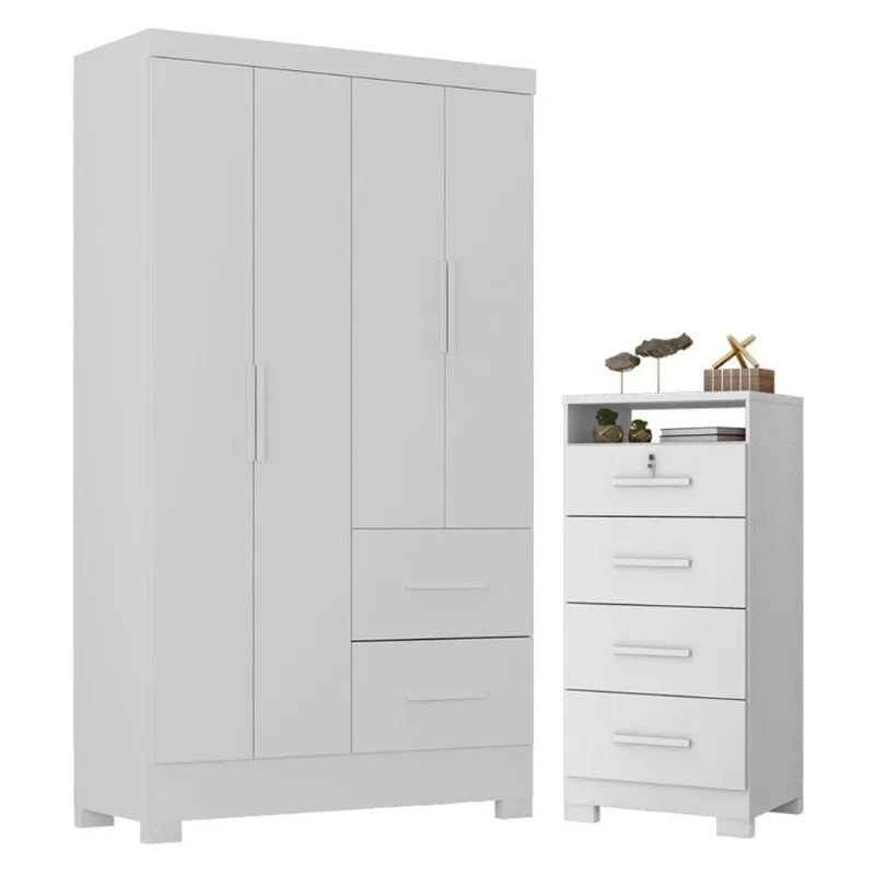 Guarda Roupa Solteiro Primordial Max 4 Portas de Bater 4 Gavetas MDP Branco Absoluto Semi Fosco
