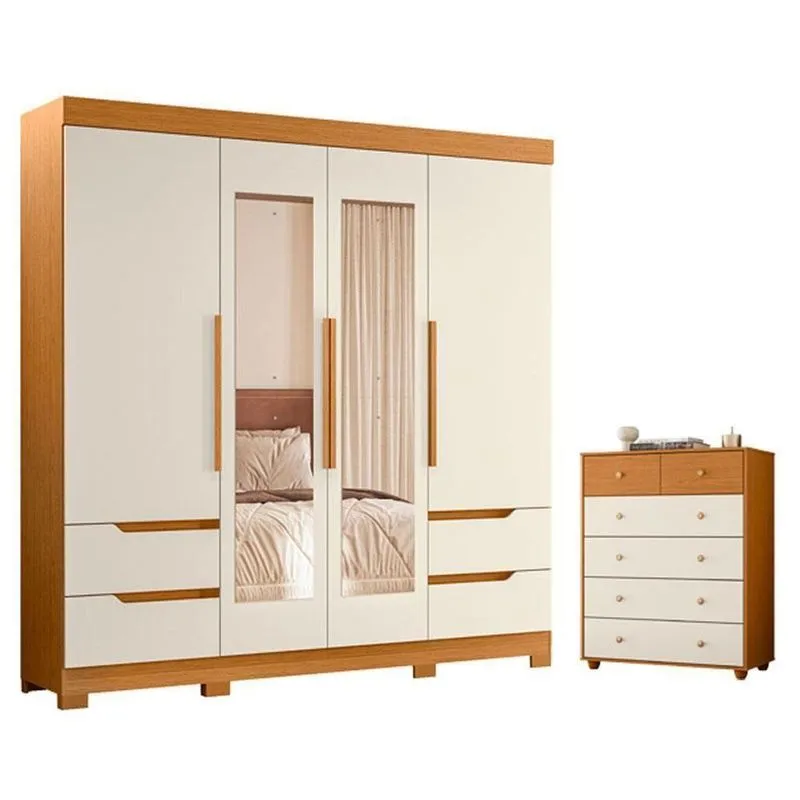 Guarda Roupa Solteiro Vivacce 4 Portas De Bater Com Espelho E Cômoda 4 Gavetas Mdp Cinamomo Off