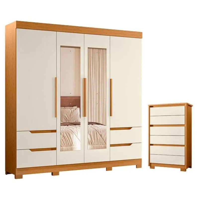 Guarda Roupa Solteiro Com Cômoda Vivacce 4 Portas De Bater Com Espelho 4 Gavetas Cinamomo Off White