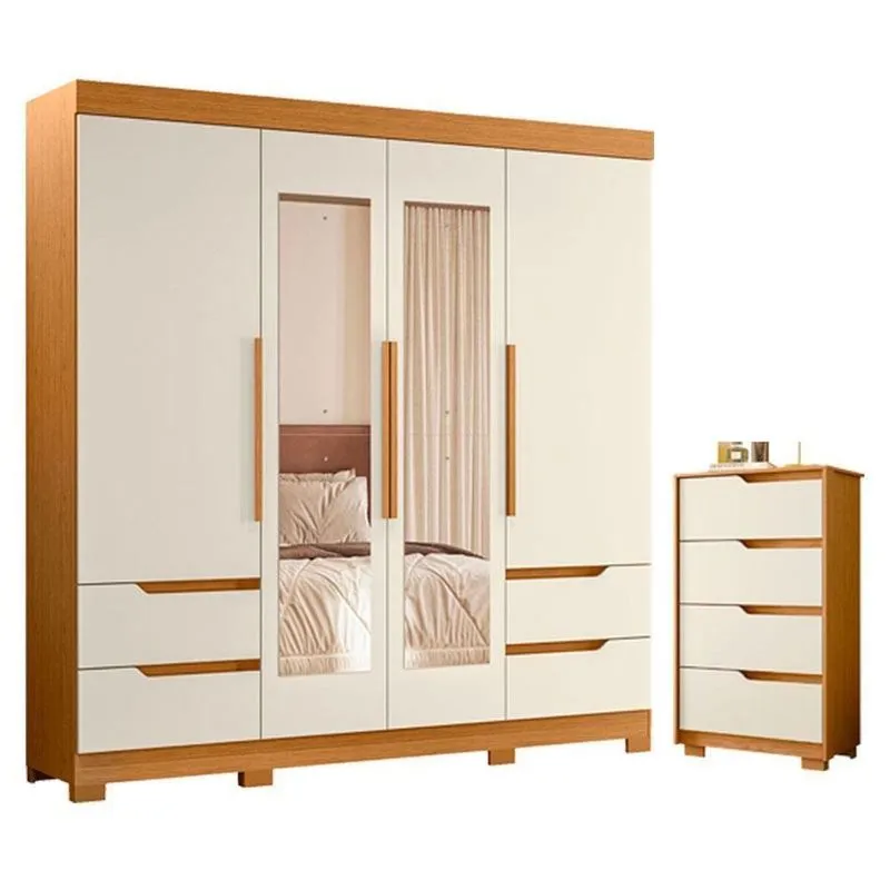 Guarda Roupa Solteiro Vivacce 4 Portas De Bater Com Espelho E Cômoda 4 Gavetas Cinamomo Off White