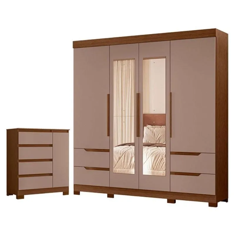 Guarda Roupa Solteiro Vivacce 4 Portas De Bater Com Espelho E Cômoda Sapateira 4 Gavetas Nogueira