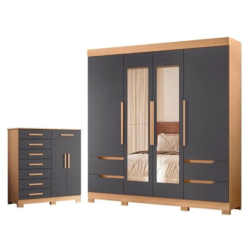 Guarda Roupa Solteiro Vivacce 4 Portas De Bater Com Espelho E Cômoda Verona 20 Gavetas Mdp Freijo